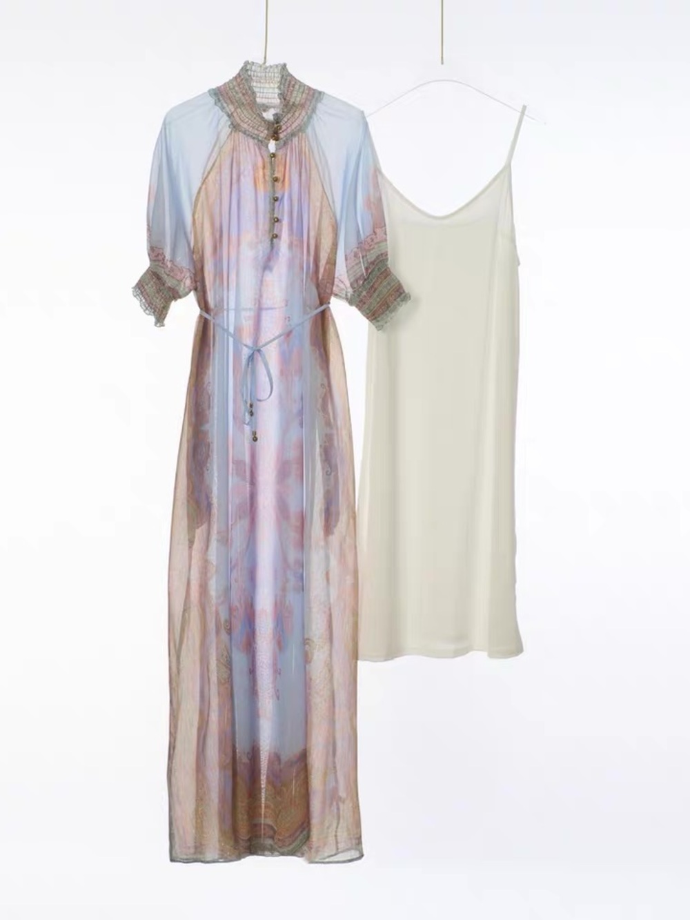 Designer-style Sheer Multi-Color Maxi Cover-Up Dress with Cream Slip
